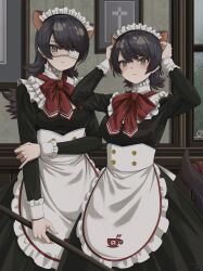 Rule 34 | 2girls, apron, arms up, australian devil (kemono friends), black hair, bow, bowtie, breasts, brown eyes, commentary, deku suke, empty eyes, english commentary, extra ears, eyepatch, frilled apron, frills, highres, holding own arm, indoors, japari symbol, kemono friends, long hair, long sleeves, looking at viewer, maid, maid headdress, medical eyepatch, medium breasts, multiple girls, one eye covered, red bow, red bowtie, short hair, tasmanian devil (kemono friends), tasmanian devil ears, tasmanian devil tail, waist apron, window