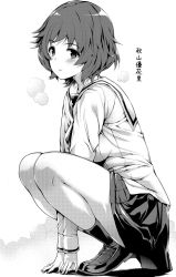 Rule 34 | 1girl, akiyama yukari, amasora taichi, arm support, blouse, blush, character name, closed mouth, commentary request, full body, girls und panzer, greyscale, highres, legs, loafers, long sleeves, looking at viewer, messy hair, miniskirt, monochrome, ooarai school uniform, partial commentary, pleated skirt, school uniform, serafuku, shadow, shirt, shoes, short hair, skirt, smile, socks, solo, squatting, steam, translated
