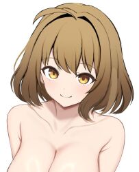 Rule 34 | 1girl, anis (nikke), bare shoulders, breasts, brown hair, cleavage, closed mouth, collarbone, large breasts, light blush, looking at viewer, nude, simple background, smile, solo, surippa1010, upper body, white background, yellow eyes