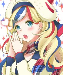 Rule 34 | anchor hair ornament, beret, blonde hair, blue eyes, blue hair, blue shirt, blush, chou2, commandant teste (kancolle), commentary request, hair ornament, hat, heart, highres, jacket, kantai collection, long hair, looking at viewer, multicolored clothes, multicolored hair, multicolored scarf, one-hour drawing challenge, open mouth, own hands together, plaid, plaid scarf, pom pom (clothes), red hair, scarf, shirt, signature, simple background, solo, sparkle, sparkle background, streaked hair, swept bangs, twitter username, wavy hair, white hair, yellow jacket