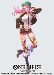 Rule 34 | 1girl, anti-eyebrow piercing, boots, breasts, brown coat, brown footwear, cleavage, coat, crop top, full body, fur coat, grey background, jewelry bonney, large breasts, long hair, multicolored thighhighs, navel, one piece, one piece card game, otton, pink hair, red lips, shirt, shorts, simple background, solo, striped clothes, striped shorts, suspenders, white shirt