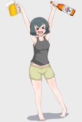 Rule 34 | &gt; &lt;, 1girl, alcohol, armpits, arms up, bare shoulders, barefoot, beer, beer bottle, beer mug, black hair, black tank top, blush, breasts, closed eyes, collarbone, cup, drunk, feet, full body, highres, kaban (kemono friends), kemono friends, medium breasts, mug, nyaru (pixiv43108714), open mouth, shadow, shiny skin, short hair, shorts, simple background, solo, tank top, white background, yellow shorts