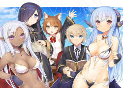Rule 34 | 1boy, 47agdragon, 4girls, :&gt;, :d, animal ears, arm up, blonde hair, blue gloves, blue hair, blue sky, blush, book, breasts, brown hair, capelet, cleavage, cloak, closed mouth, cloud, cloudy sky, dark-skinned female, dark skin, day, demon girl, fantasy, fingerless gloves, gloves, hair over one eye, halterneck, hand up, holding, horns, key hair ornament, long hair, looking at viewer, magic circle, medium breasts, multiple girls, navel, open book, open mouth, original, parted lips, pointy ears, purple eyes, purple hair, red eyes, revealing clothes, short hair, silver hair, sitting, sky, smile, sweatdrop, twintails, waving, yellow eyes