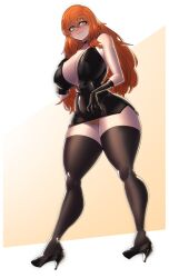Rule 34 | absurdres, black dress, black gloves, blush, breasts, choker, cleavage, commission, copyright request, curvy, dress, gintm, gloves, grey eyes, high heels, highres, huge breasts, light smile, long hair, orange hair, panties, simple background, skin tight, thick thighs, thighhighs, thighs, underwear