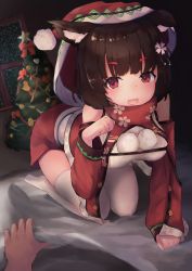 Rule 34 | 1girl, all fours, animal ear fluff, animal ears, azur lane, breasts, brown hair, cat ears, christmas, christmas tree, detached sleeves, dress, fang, floral print, hat, highres, inushida (dogsheepsheep), looking at viewer, medium breasts, night, open mouth, paw pose, pom pom (clothes), pov, red dress, red eyes, santa hat, short dress, short hair, snowing, solo focus, thighhighs, thighs, white thighhighs, window, yamashiro (azur lane), yamashiro (holiday offensive) (azur lane), zettai ryouiki