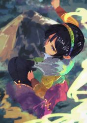 Rule 34 | 1girl, absurdres, arm up, black hair, blue eyes, closed mouth, cloud, cloudy sky, commentary, dress, eyebrows hidden by hair, forest, from behind, hair between eyes, hairband, hand up, highres, light smile, looking at viewer, looking to the side, mountain, multicolored clothes, multicolored dress, multicolored hairband, nature, parted bangs, patchwork clothes, rainbow gradient, short hair, sky, solo, tenkyuu chimata, totopepe888, touhou