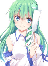 Rule 34 | 1girl, bad id, bad pixiv id, bare shoulders, blue eyes, blush, commentary request, detached sleeves, frog hair ornament, green hair, hair between eyes, hair ornament, hand up, head tilt, hisae (hisae collect), holding, kochiya sanae, long hair, long sleeves, looking at viewer, shirt, simple background, single sidelock, smile, snake hair ornament, solo, touhou, upper body, white background, white shirt, wide sleeves