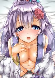 Rule 34 | 1girl, alternate breast size, alternate costume, azur lane, bare shoulders, bed sheet, blue eyes, blush, breasts, cleavage, collarbone, fingernails, flower, from above, groin tendon, hair flower, hair ornament, hand on own chest, hand up, highres, japanese clothes, kimono, large breasts, long hair, long sleeves, looking at viewer, looking up, navel, no bra, off shoulder, open clothes, open mouth, panties, purple eyes, shiny skin, sidelocks, sitting, smile, solo, special tan, spread legs, tareme, underwear, unicorn (azur lane), unicorn (prayer of plum and snow) (azur lane), white panties