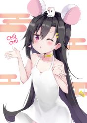 Rule 34 | 1girl, amano kouki, animal, animal ears, animal on head, bare arms, bare shoulders, black hair, blowing kiss, blush, bow, cheese hair ornament, chinese zodiac, choker, collarbone, commentary request, dress, egasumi, food-themed hair ornament, hair between eyes, hair ornament, heart, highres, kemonomimi mode, long hair, mouse (animal), mouse ears, mouse girl, mouse tail, note-chan, on head, one eye closed, original, parted lips, red eyes, romaji text, sleeveless, sleeveless dress, solo, tail, tail bow, tail ornament, very long hair, white dress, year of the rat, yellow bow, yellow choker
