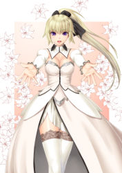 Rule 34 | 1girl, 210ten, :d, alternate costume, alternate hairstyle, breasts, cleavage, cosplay, fate/apocrypha, fate (series), flower, jeanne d&#039;arc (fate), jeanne d&#039;arc (ruler) (fate), lace, lace-trimmed legwear, lace trim, large breasts, lily (flower), long hair, open mouth, outstretched hand, ponytail, purple eyes, saber lily (cosplay), smile, solo, thighhighs, white thighhighs