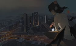 Rule 34 | 1girl, absurdres, black hair, black wings, building, camera, city, cityscape, commentary, facing away, grey pants, hat, highres, holding, holding camera, kinoko (kino2435006), medium hair, overcast, pants, pom pom (clothes), red hat, road, shameimaru aya, shirt, sitting, sky, skyscraper, solo, tokin hat, touhou, white shirt, wings