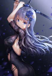 Rule 34 | 1girl, arms up, ass, backless dress, backless outfit, black dress, blue eyes, blue flower, blue hair, blue rose, breasts, commentary request, covered mouth, dress, flower, hair flower, hair ornament, holding, holding sword, holding weapon, long hair, looking at viewer, looking to the side, lunacle, medium breasts, original, petals, rose, see-through, short sleeves, solo, sword, two-handed, very long hair, weapon