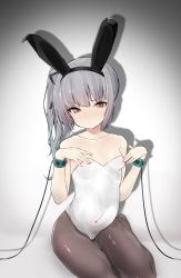 Rule 34 | &gt;:(, 10s, 1girl, absurdres, animal ears, bare shoulders, black pantyhose, blush, breasts, brown eyes, closed mouth, collarbone, covered navel, fake animal ears, frown, gradient background, grey hair, hair ribbon, hairband, hands on own chest, highres, kantai collection, kasumi (kancolle), leotard, long hair, mitsudoue, pantyhose, playboy bunny, rabbit ears, restrained, ribbon, side ponytail, simple background, sitting, small breasts, solo, tsurime, v-shaped eyebrows, wrist cuffs, yokozuwari