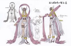 Rule 34 | 00s, 1girl, angewomon, armor, blonde hair, boots, breastplate, breasts, character name, character sheet, cleavage, clothing cutout, curvy, digimon, digimon adventure, full body, head wings, helmet, highres, large breasts, leotard, mask, midriff, monster girl, multiple views, navel, navel cutout, official art, revealing clothes, scan, size comparison, smile, standing, thighhighs, toei animation, translation request, wide hips, winged helmet, wings
