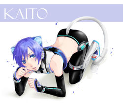 Rule 34 | 1boy, all fours, animal ears, blue hair, cat boy, cat ears, cat tail, full body, gradient background, kaito (vocaloid), male focus, murashige-lu, solo, tagme, tail, vocaloid, white background