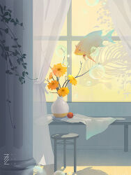 Rule 34 | animal focus, apple, artist name, branch, bubble, commentary, curtains, english commentary, fish, fish skeleton, floating, flower, food, fruit, indoors, leaf, mina fz., no humans, object focus, original, pillow, ribbon, shadow, sky, stool, vase, watermark, white ribbon, window, yellow flower, yellow sky