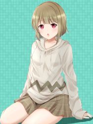 Rule 34 | 1girl, :o, absurdres, artist name, artist request, bare legs, blush, breasts, brown hair, checkered background, checkered clothes, checkered skirt, collarbone, female focus, grey hair, grey jacket, highres, jacket, kamesys, light brown hair, looking at viewer, love live!, love live! nijigasaki high school idol club, medium breasts, nakasu kasumi, parted lips, purple eyes, red eyes, short hair, skirt, smile, solo