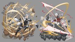 Rule 34 | 1boy, 1girl, absurdres, alisaie leveilleur, aura, crystal, final fantasy, final fantasy xiv, gunblade, highres, jacket, papajay (jennygin2), pointy ears, ponytail, red jacket, short shorts, shorts, silver hair, sword, thancred waters, thighhighs, weapon, white jacket
