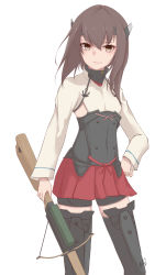 Rule 34 | 1girl, anchor, bike shorts, black shorts, bow (weapon), brown eyes, brown hair, crossbow, flat chest, hakama, hakama short skirt, hakama skirt, headband, headgear, highres, holding, holding crossbow, holding weapon, japanese clothes, kantai collection, long sleeves, neve (morris-minicooper), red hakama, short hair, shorts, skirt, smile, solo, standing, taihou (kancolle), thighhighs, weapon
