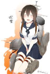 Rule 34 | 10s, 1girl, :d, ^ ^, between legs, blush, brown hair, character name, covering privates, covering crotch, closed eyes, fubuki (kancolle), hand between legs, kantai collection, mecha musume, open mouth, school uniform, serafuku, sino (sionori), skirt, smile, solo, turret, twitter username