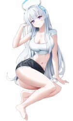 Rule 34 | 1girl, absurdres, alternate costume, bare arms, bare legs, barefoot, black shorts, blue archive, breasts, dolphin shorts, halo, highres, k cyp, large breasts, looking at viewer, noa (blue archive), shirt, shorts, simple background, solo, thighs, white background, white shirt