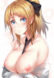 Rule 34 | 10s, 1girl, ayase eli, blonde hair, blue eyes, blush, breasts, female focus, happy birthday, hews, large breasts, looking at viewer, love live!, love live! school idol project, nipples, open clothes, open shirt, ponytail, shirt, smile, solo