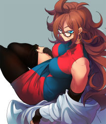 Rule 34 | 1girl, alternate legwear, android 21, arm at side, bare shoulders, black-framed eyewear, black nails, black thighhighs, blue dress, blue eyes, breasts, brown hair, checkered clothes, checkered dress, closed mouth, collarbone, curly hair, detached sleeves, dragon ball, dragon ball fighterz, dress, dutch angle, earrings, expressionless, eyelashes, feet out of frame, fingernails, glasses, grey background, half-closed eyes, hand on own leg, hoop earrings, jewelry, jitome, lab coat, large breasts, legs together, long eyelashes, long hair, looking at viewer, looking to the side, nail polish, ommmyoh, red dress, removing coat, removing legwear, short dress, simple background, sleeveless, sleeveless dress, solo, thick thighs, thigh gap, thighhighs, thighs, tight clothes, tight dress, twitter username, two-tone background, two-tone dress, v-shaped eyebrows, white background