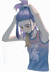 Rule 34 | 1boy, adjusting hair, arms up, clenched teeth, commentary request, creatures (company), game freak, highres, kieran (pokemon), kikuyoshi (tracco), looking down, male focus, mole, mole on neck, mouth hold, nintendo, pokemon, pokemon sv, shirt, simple background, sleeveless, sleeveless shirt, solo, tank top, teeth, upper body, white background, yellow eyes