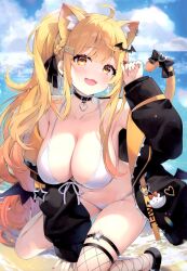 Rule 34 | 1girl, absurdres, ahoge, animal ears, arm support, ayamy, bare shoulders, bikini, blue sky, blush, bow, bowtie, braid, breasts, cat ears, cat girl, cat tail, character name, choker, cleavage, cloud, cloudy sky, collarbone, day, earrings, fang, fingernails, fishnet thighhighs, fishnets, hair ornament, hairclip, hand up, highres, hololive, jacket, jewelry, large breasts, long hair, long sleeves, looking at viewer, navel, off shoulder, open clothes, open jacket, open mouth, outdoors, scan, sidelocks, simple background, skin fang, sky, smile, solo, star (symbol), stomach, swimsuit, tail, thighhighs, virtual youtuber, water, white swimsuit, yozora mel, yozora mel (streetwear)