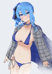 Rule 34 | 1girl, alternate breast size, bikini, blue bikini, blue eyes, blue hair, blue ribbon, breasts, dismassd, highres, hololive, hoshimachi suisei, open clothes, open shirt, ponytail, ribbon, simple background, solo, swimsuit, virtual youtuber, white background