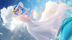 Rule 34 | 1girl, absurdres, bare arms, bare shoulders, blue hair, blue sky, breasts, cloud, cloudy sky, commentary request, day, dress, earrings, flower, grey eyes, hair down, hat, highres, holding, hololive, hoshimachi suisei, huge filesize, jewelry, open mouth, outdoors, petals, short hair, sky, sleeveless, sleeveless dress, small breasts, smile, solo, star (symbol), star earrings, sun hat, sunflower, takubon, virtual youtuber, wading, water, water drop, white dress