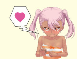 Rule 34 | 1girl, chloe von einzbern, dark skin, fate/grand order, fate/kaleid liner prisma illya, fate (series), heart, licking lips, looking at viewer, parts (missing1919), penetration gesture, pink hair, simple background, solo, spoken heart, strap slip, striped, swimsuit, tank top, tongue, tongue out, twintails, wardrobe malfunction, yellow background