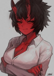 Rule 34 | 1girl, breasts, brown hair, cleavage, closed mouth, collared shirt, colored skin, crossed arms, horns, kidouko (zakusi), looking at viewer, medium breasts, oni, oni horns, original, red oni, red skin, shirt, short hair, signature, solo, upper body, white shirt, wing collar, zakusi