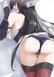 Rule 34 | 1girl, absurdres, ass, back, bad id, bad twitter id, black gloves, black hair, black panties, blanket, breasts, breath, closed eyes, crop top, dou tanuki, elbow gloves, fingerless gloves, gloves, headgear, highres, imminent penetration, kantai collection, large breasts, long hair, lying, miniskirt, nagato (kancolle), on bed, open mouth, panties, pleated skirt, red thighhighs, saliva, sideboob, skirt, sweat, thighhighs, tongue, underwear, white skirt