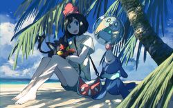 Rule 34 | 10s, 1girl, bag, bare legs, barefoot, beach, beanie, bird, blue eyes, blue sky, blunt bangs, cat, closed eyes, cloud, cloudy sky, collarbone, colored sclera, creature, creatures (company), day, floral print, game freak, gen 7 pokemon, green shorts, handbag, hat, highres, litten, looking to the side, nintendo, ocean, open mouth, outdoors, owl, palm tree, pippi (pixiv 1922055), pokemon, pokemon (creature), pokemon sm, popplio, red hat, round teeth, rowlet, seal (animal), selene (pokemon), shirt, short hair, shorts, sitting, sky, smile, starter pokemon trio, teeth, tree, water, yellow sclera, yellow shirt