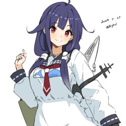 Rule 34 | 1girl, absurdres, ahoge, animal print, apron, bigkwl, blue hair, blue sailor collar, dated, fish print, frilled apron, frills, hair flaps, hair over shoulder, highres, kantai collection, long hair, long sleeves, low twintails, neckerchief, one-hour drawing challenge, red eyes, red neckerchief, sailor collar, school uniform, serafuku, solo, taigei (kancolle), twintails, twitter username, upper body, whale print, white apron