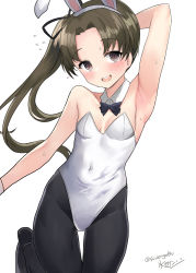 Rule 34 | 1girl, animal ears, armpits, artist name, ayanami (kancolle), black pantyhose, blush, brown hair, detached collar, fake animal ears, flying sweatdrops, grey eyes, highres, kantai collection, leotard, long hair, mizuta kenji, one-hour drawing challenge, open mouth, pantyhose, rabbit ears, side ponytail, signature, simple background, smile, solo, strapless, strapless leotard, twitter username, white background, white leotard