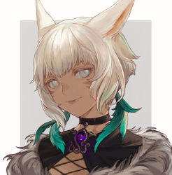 Rule 34 | 1girl, animal ears, black choker, border, brooch, bushi shui zi ba, cat ears, chinese commentary, choker, commentary request, facial mark, feather hair ornament, feathers, final fantasy, final fantasy xiv, fur trim, gem, grey background, grey eyes, grey hair, hair ornament, highres, jewelry, looking at viewer, miqo&#039;te, outside border, portrait, purple gemstone, short hair, simple background, slit pupils, smile, solo, white border, y&#039;shtola rhul