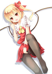 Rule 34 | 1girl, :d, absurdres, aibumi, ascot, bad id, bad nicoseiga id, black pantyhose, blonde hair, blush, bow, flandre scarlet, hair bow, highres, looking at viewer, lying, no headwear, on back, open mouth, pantyhose, pen-zin, red eyes, side ponytail, simple background, smile, solo, touhou, white background, wings, wrist cuffs