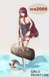 Rule 34 | 1girl, alternate costume, arm behind back, bag, ball, bare shoulders, beachball, black one-piece swimsuit, blush, breasts, casual one-piece swimsuit, character name, choker, cleavage, covered navel, e- -cho, full body, girls&#039; frontline, groin, hair over shoulder, highres, holding, holding bag, in water, large breasts, long hair, looking away, one-piece swimsuit, open mouth, purple hair, red eyes, sandals, sidelocks, skindentation, solo, standing, swimsuit, thigh strap, thighs, very long hair, wa2000 (girls&#039; frontline), wa2000 (op. manta ray) (girls&#039; frontline), wading, weapon bag