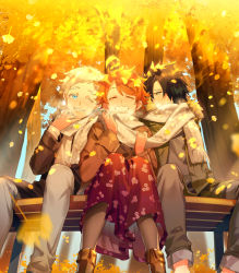 Rule 34 | 1girl, 2boys, ahoge, autumn, autumn leaves, bench, black hair, blue eyes, blush, boots, brown footwear, brown jacket, closed eyes, commentary request, day, emma (yakusoku no neverland), facing viewer, from below, grey eyes, grey pants, grey pantyhose, hair over one eye, highres, holding, holding clothes, holding scarf, jacket, leaf, long sleeves, looking at another, multiple boys, norman (yakusoku no neverland), one eye closed, open clothes, open mouth, orange hair, outdoors, pants, pantyhose, purple skirt, ray (yakusoku no neverland), scarf, shared clothes, shared scarf, shirt, short hair, sitting, skirt, smile, teeth, thick eyebrows, tree, white hair, white scarf, yakusoku no neverland, yala1453