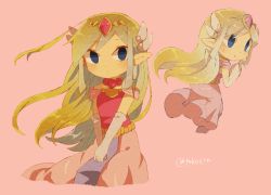 Rule 34 | 1girl, artist name, back, belt, blonde hair, blue eyes, blush, closed mouth, dress, floating hair, full body, gloves, jewelry, long hair, looking up, multicolored hair, multiple persona, necklace, nintendo, open mouth, pink dress, princess zelda, skirt hold, solo, the legend of zelda, the legend of zelda: spirit tracks, the legend of zelda: the wind waker, tiara, tokuura, toon zelda