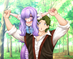 Rule 34 | 1boy, 1girl, blush, commentary, covering one eye, dress, english commentary, eyes visible through hair, fantasy, forest, green hair, hair over one eye, holding hands, lamia, light purple hair, long hair, monster girl, nature, nenbuta, open mouth, original, pointy ears, purple eyes, purple hair, scales, shirt, short hair, stretching, tail, tree, upper body, v-shaped eyebrows