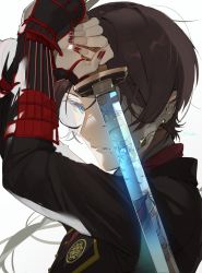 Rule 34 | 1boy, alternate eye color, armor, blonde hair, blue eyes, brown hair, earrings, emblem, from side, highres, holding, holding sword, holding weapon, ichimonji norimune, japanese armor, jewelry, kashuu kiyomitsu, kote, kurokote, long hair, long sleeves, looking at viewer, male focus, messy hair, mole, mole under mouth, nail polish, one eye covered, parted lips, pov, red nails, reflection, simple background, solo, sword, tandem, touken ranbu, two-handed, unsheathed, upper body, weapon, white background