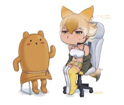 Rule 34 | absurdres, animal ears, beleven, blonde hair, camisole, chair, coyote (kemono friends), extra ears, gloves, highres, jacket, kemono friends, kemono friends v project, microphone, short hair, simple background, sitting, skirt, tail, thighhighs, virtual youtuber, wolf ears, wolf girl, wolf tail, yellow eyes