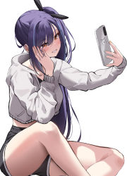 Rule 34 | 1girl, black shorts, blue hair, blush, breasts, brown eyes, cellphone, cropped sweater, grey sweater, grin, highres, k pring, large breasts, long hair, long sleeves, original, phone, selfie, short shorts, shorts, side ponytail, smile, solo, sweater, thighs