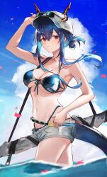 Rule 34 | 1girl, absurdres, arknights, bare arms, bare shoulders, baseball cap, bikini, blue bikini, blue hair, blue sky, breasts, ch&#039;en (arknights), ch&#039;en the holungday (arknights), ch&#039;en the holungday (elite ii) (arknights), cloud, commentary request, day, dragon horns, dragon tail, ema (kuguiema), grey shorts, hat, highres, horns, large breasts, long hair, navel, red eyes, short shorts, shorts, sky, solo, standing, stomach, swimsuit, tail, thighs, wading, white hat