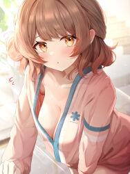 1girl absurdres blush breasts brown_eyes brown_hair cardigan cleavage collarbone commentary_request flying_sweatdrops gakuen_idolmaster hair_bun hanami_ume highres idolmaster large_breasts long_sleeves looking_at_viewer naked_cardigan nipples open_mouth pink_cardigan see-through_silhouette short_hair side_up_bun single_hair_bun single_side_bun sky_cappuccino solo