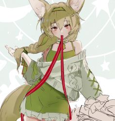 Rule 34 | 1girl, animal ear fluff, animal ears, arknights, bare shoulders, beanstalk (arknights), beanstalk (gift uncompleted) (arknights), bell, blush, braid, cowboy shot, dress, frilled dress, frills, green dress, green hair, green hairband, grey background, grey sweater, hair ornament, hairband, hairclip, highres, holding, holding hair, long hair, long sleeves, looking at viewer, mouth hold, neck bell, off-shoulder sweater, off shoulder, official alternate costume, red eyes, sankichi (croquette crab), single braid, sketch, solo, star (symbol), sweater, tail