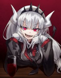 Rule 34 | 1girl, absurdres, alcohol, black necktie, blush, breasts, commentary request, demon girl, demon horns, demon tail, fangs, formal, gloves, helltaker, highres, horns, ildy, long hair, looking at viewer, lucifer (helltaker), mole, mole under eye, necktie, red eyes, red shirt, red wine, shirt, simple background, smile, solo, suit, tail, white hair, white horns, wine